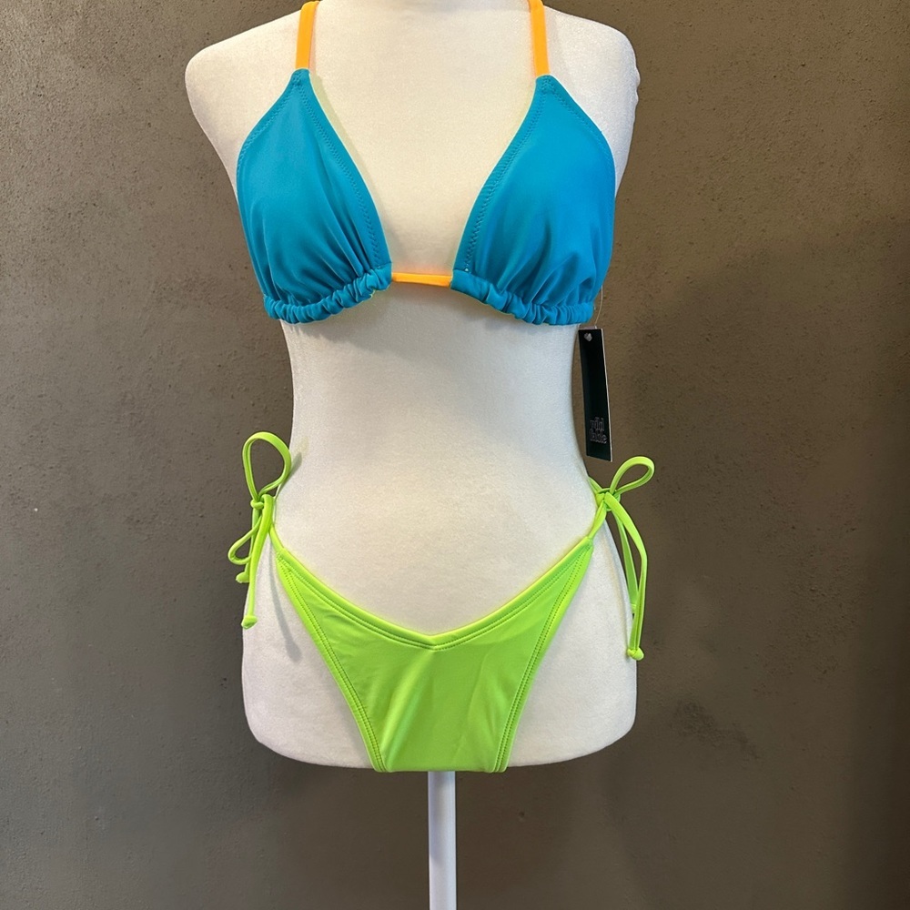 Vibrant Blue and Green Bikini Set reversible top to green